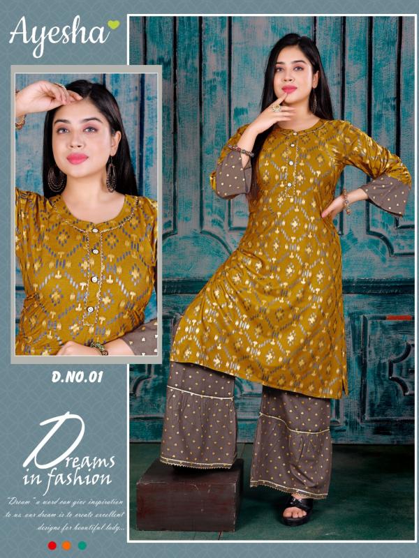 Ayesha Kusum Designer Rayon Ikkat Print Kurti With Sharara 